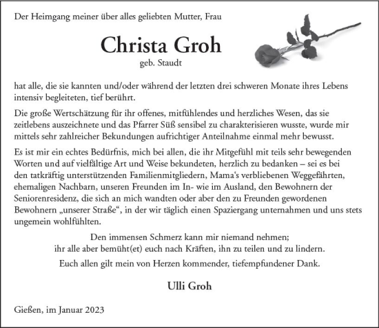 Traueranzeige von Christa Groh von Wetzlarer Neue Zeitung