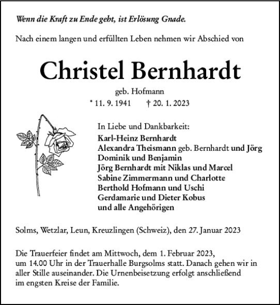 Traueranzeige von Christel Bernhardt von Wetzlarer Neue Zeitung