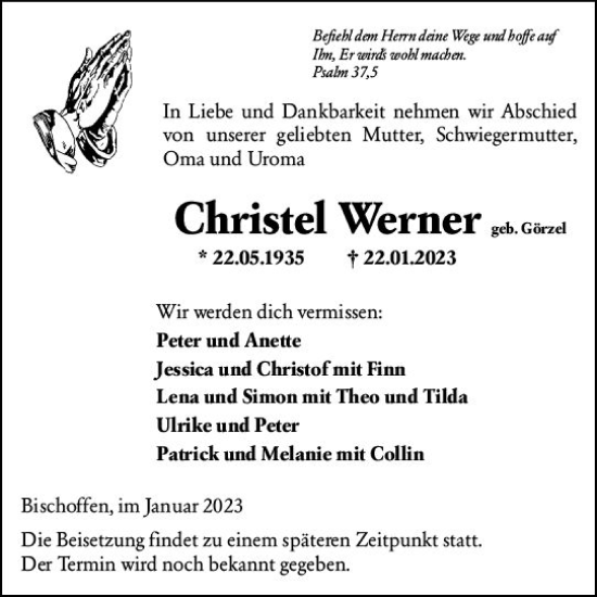 Traueranzeige von Christel Werner von Dill Block