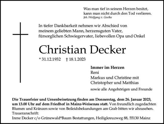 Traueranzeige von Christian Decker von Allgemeine Zeitung Mainz