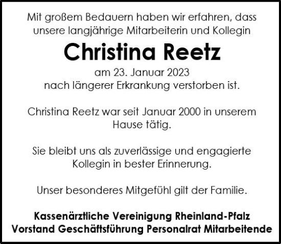 Traueranzeige von Christina Reetz von Allgemeine Zeitung Mainz