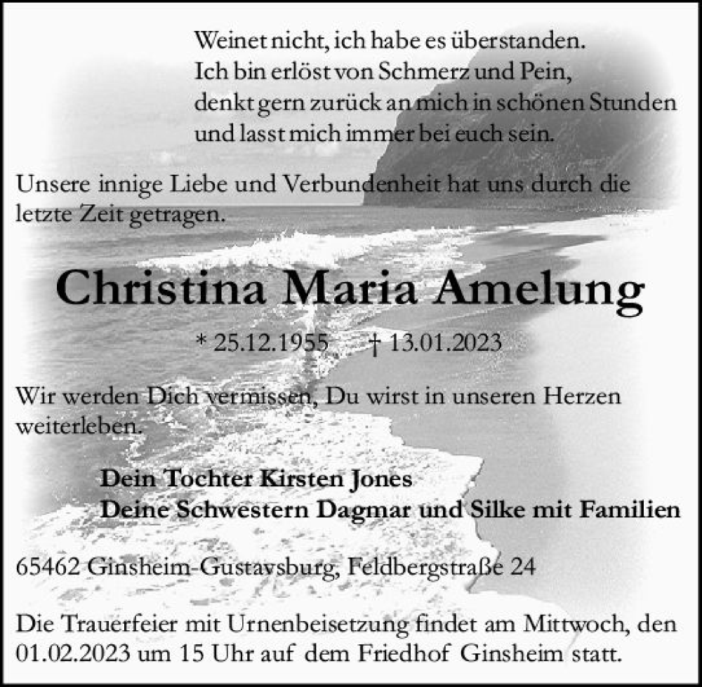  Traueranzeige für Christina Maria Amelung vom 28.01.2023 aus Allgemeine Zeitung Mainz