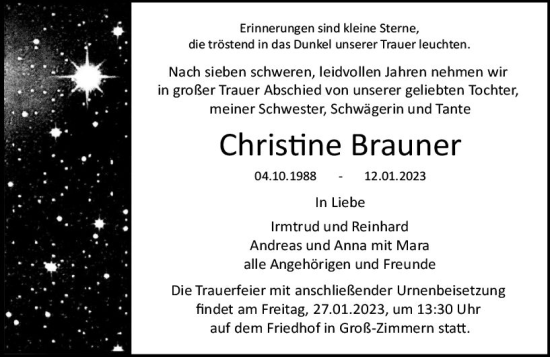 Traueranzeige von Christine Brauner von DieburgerAnzeiger/Groß-Zimmerner Lokalanzeiger
