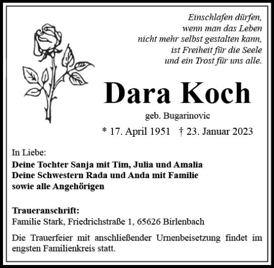 Traueranzeige von Dara Koch von Allgemeine Zeitung Mainz