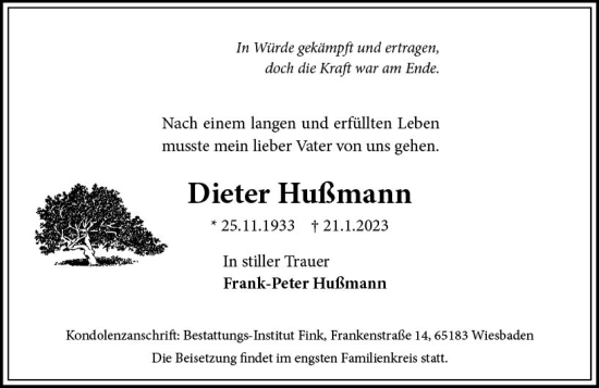 Traueranzeige von Dieter Hußmann von Wiesbadener Kurier gesamt