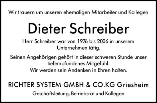 Traueranzeige von Dieter Schreiber von Darmstädter Echo