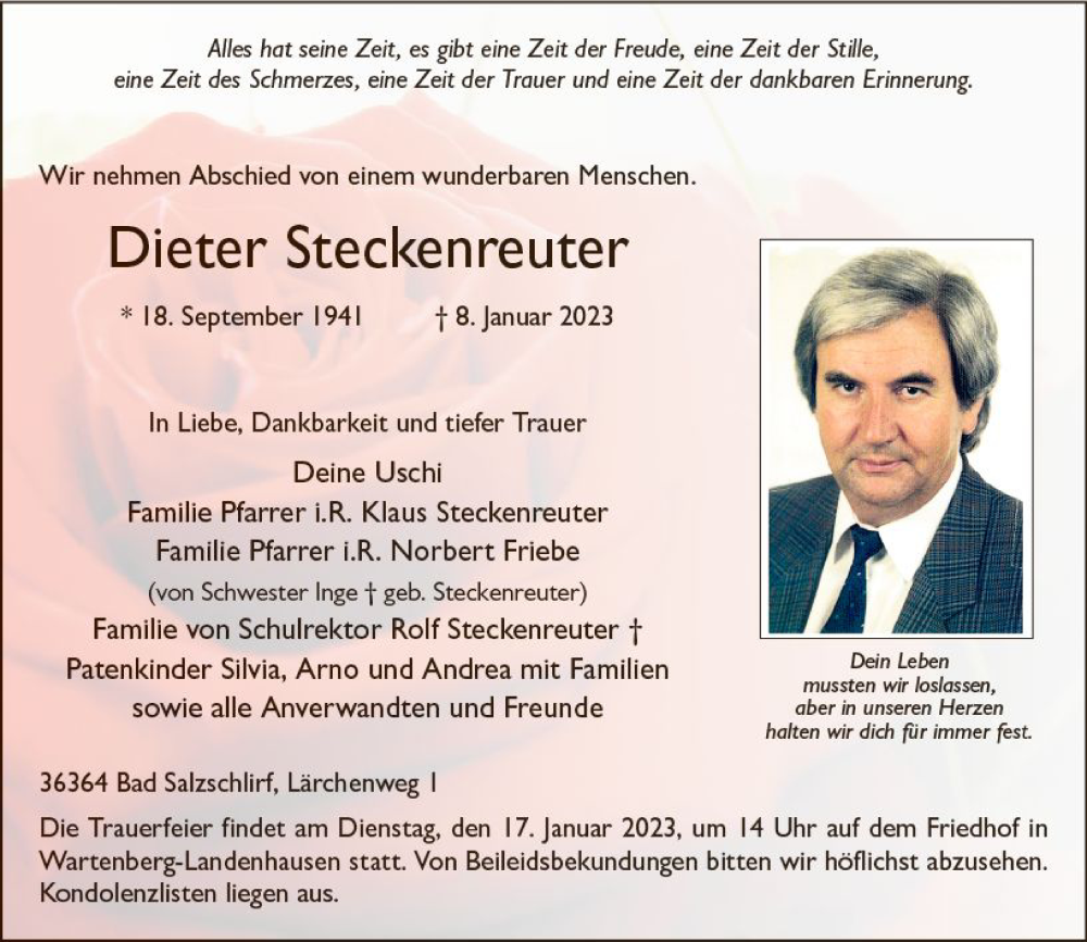  Traueranzeige für Dieter Steckenreuter vom 14.01.2023 aus VRM Trauer