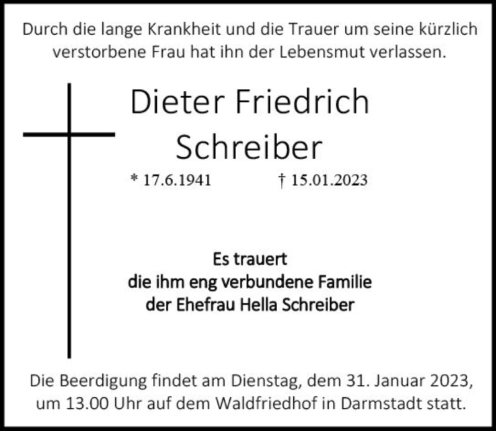  Traueranzeige für Dieter Friedrich Schreiber vom 28.01.2023 aus Darmstädter Echo