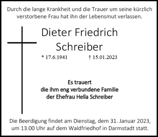 Traueranzeige von Dieter Friedrich Schreiber von Darmstädter Echo