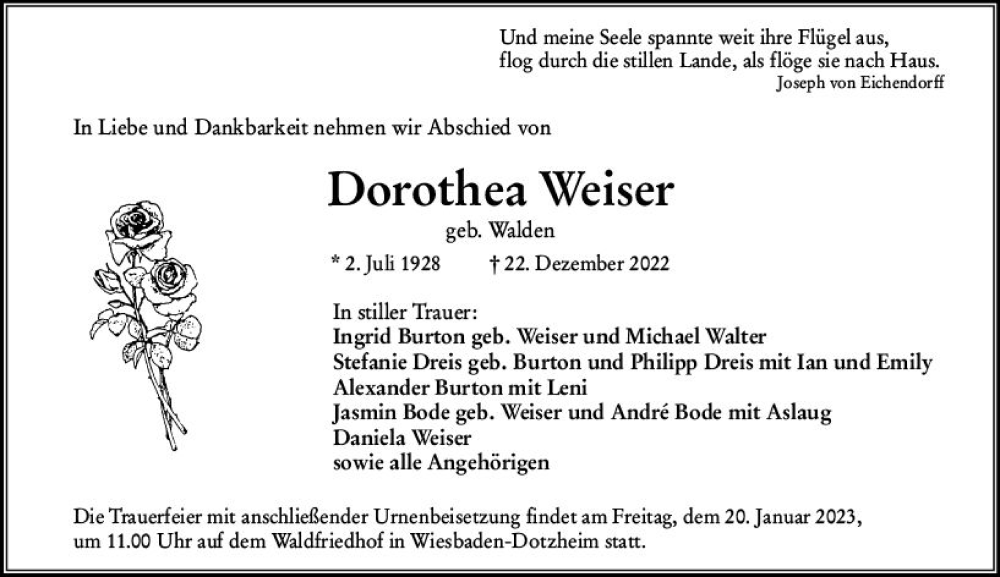  Traueranzeige für Dorothea Weiser vom 14.01.2023 aus Wiesbadener Kurier gesamt