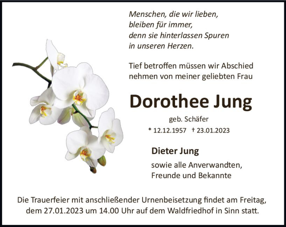  Traueranzeige für Dorothee Jung vom 25.01.2023 aus Dill Block