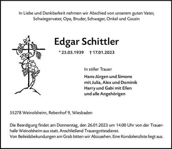 Traueranzeige von Edgar Schittler von Wiesbadener Kurier gesamt