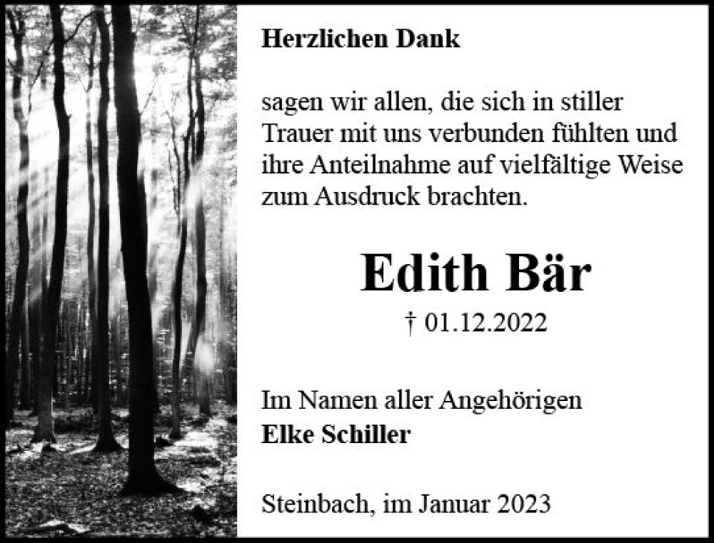  Traueranzeige für Edith Bär vom 14.01.2023 aus Odenwälder Echo