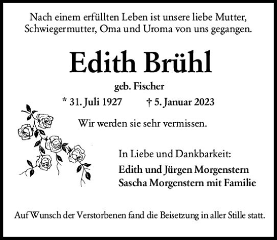 Traueranzeige von Edith Brühl von Wiesbadener Kurier gesamt
