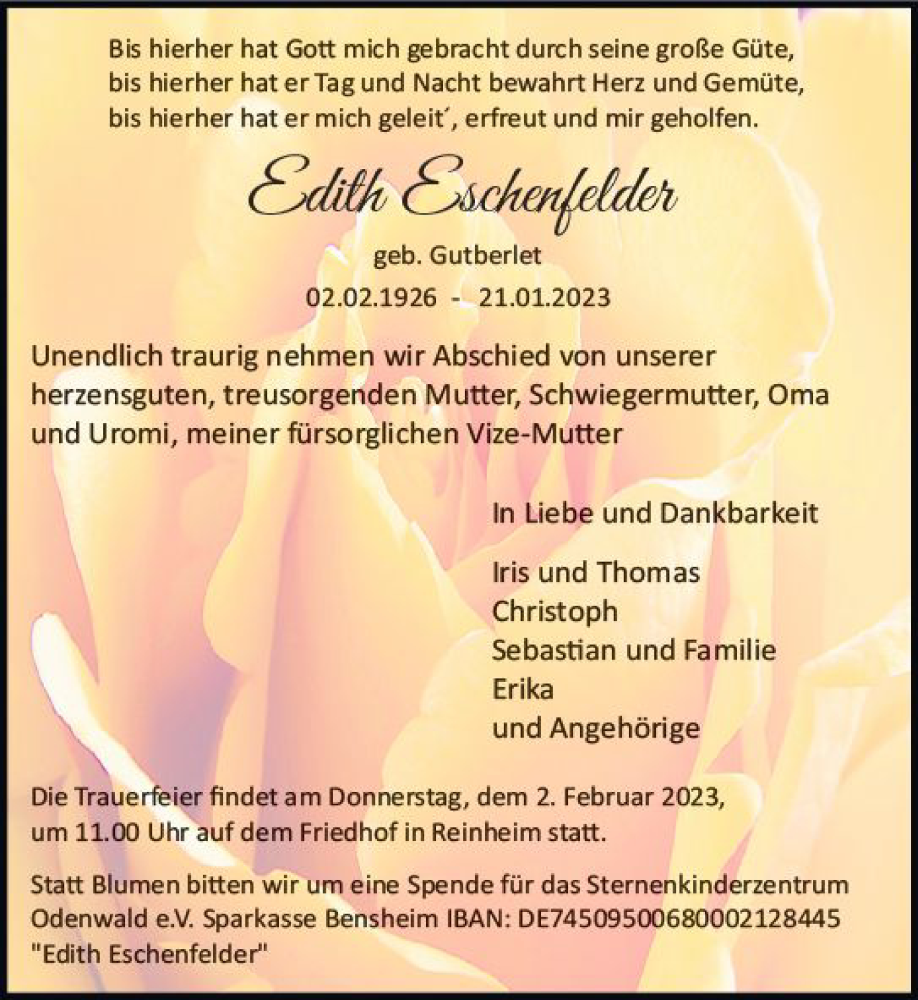  Traueranzeige für Edith Eschenfelder vom 28.01.2023 aus Darmstädter Echo