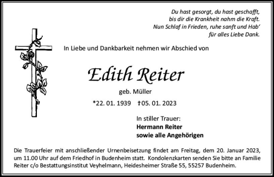 Traueranzeige von Edith Reiter von Allgemeine Zeitung Mainz
