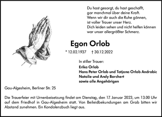 Traueranzeige von Egon Orlob von Allgemeine Zeitung Ingelheim-Bingen