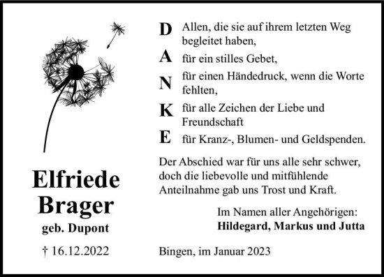 Traueranzeige von Elfriede Brager von Allgemeine Zeitung Ingelheim-Bingen