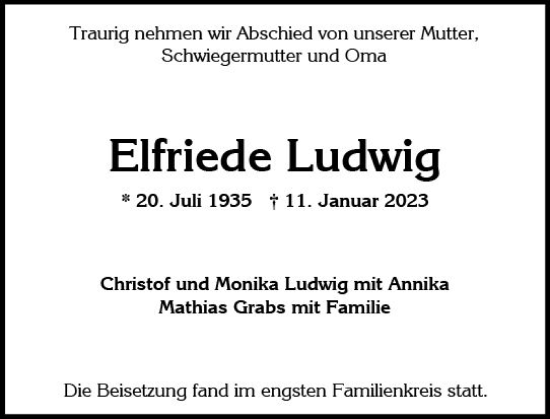 Traueranzeige von Elfriede Ludwig von Wiesbadener Kurier gesamt