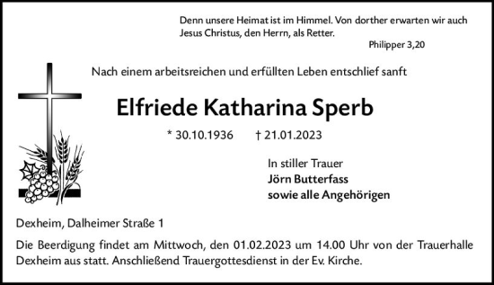 Traueranzeige von Elfriede Katharina Sperb von Allgemeine Zeitung Mainz