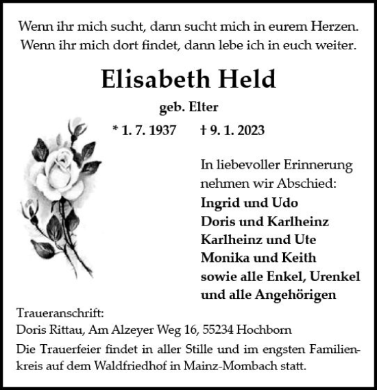 Traueranzeige von Elisabeth Held von Allgemeine Zeitung Mainz