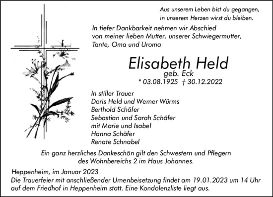 Traueranzeige von Elisabeth Held von Starkenburger Echo
