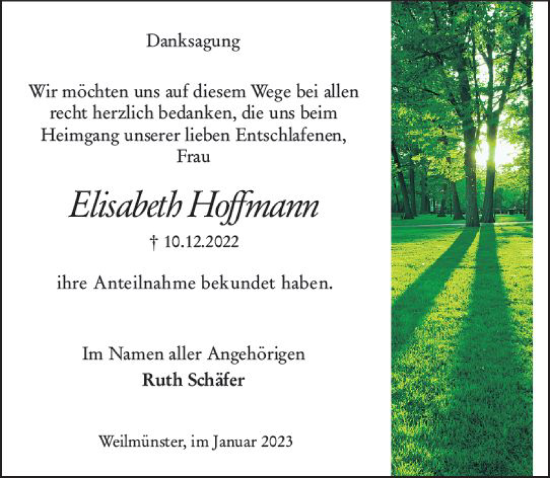 Traueranzeige von Elisabeth Hoffmann von Weilburger Tageblatt