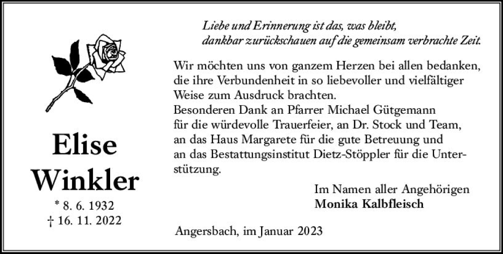  Traueranzeige für Elise Winkler vom 28.01.2023 aus OK Oberhessen Kurier