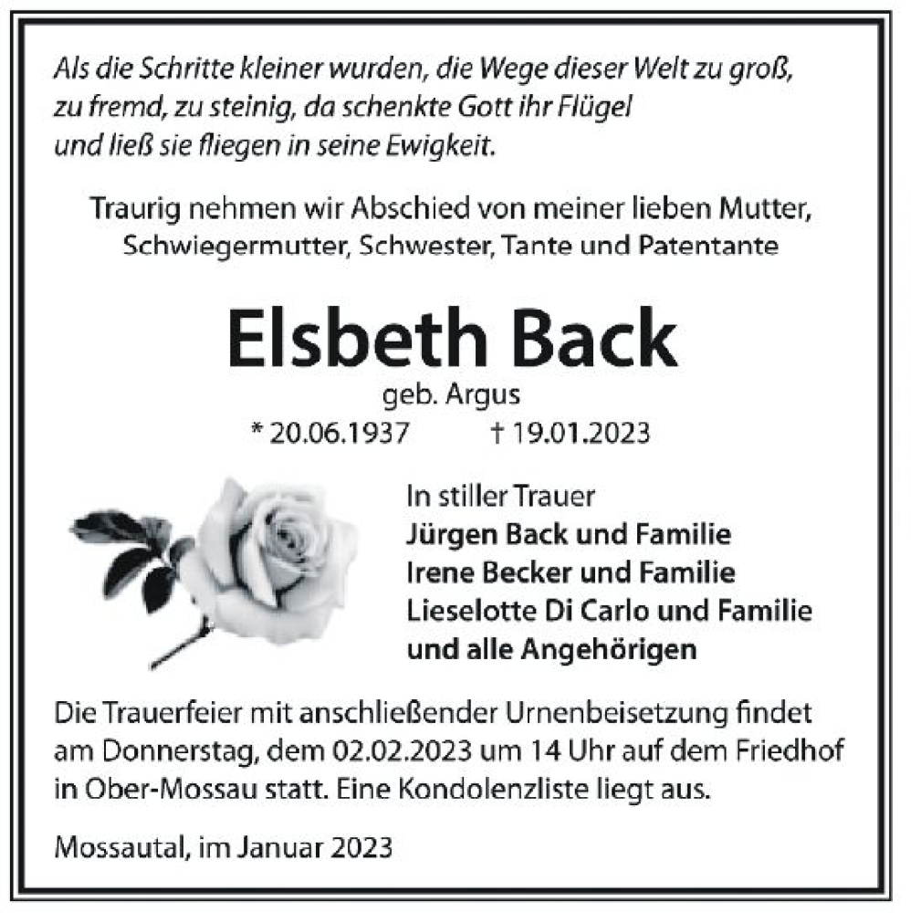  Traueranzeige für Elsbeth Back vom 28.01.2023 aus Odenwälder Echo