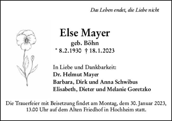Traueranzeige von Else Mayer von Allgemeine Zeitung Mainz