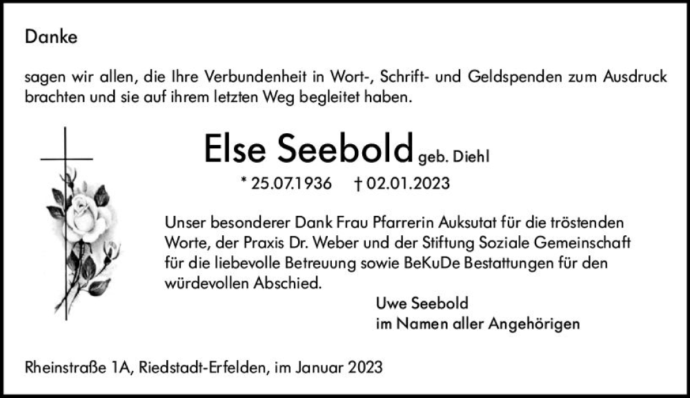  Traueranzeige für Else Seebold vom 28.01.2023 aus Groß-Gerauer Echo
