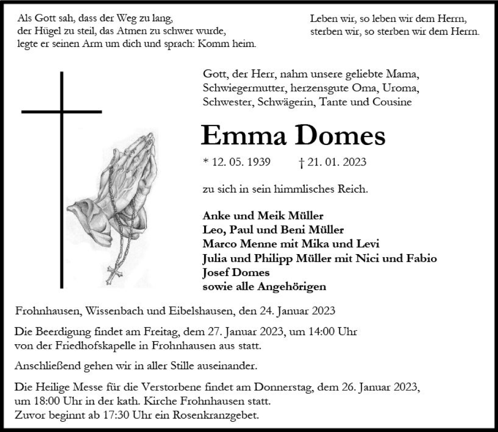  Traueranzeige für Emma Domes vom 24.01.2023 aus Dill Block