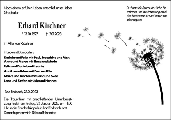 Traueranzeige von Erhard Kirchner von Hinterländer Anzeiger
