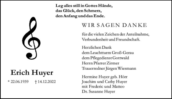 Traueranzeige von Erich Huyer von Allgemeine Zeitung Mainz