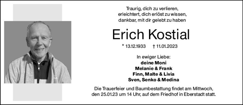  Traueranzeige für Erich Kostial vom 21.01.2023 aus Darmstädter Echo