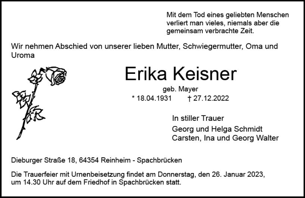  Traueranzeige für Erika Keisner vom 21.01.2023 aus Darmstädter Echo