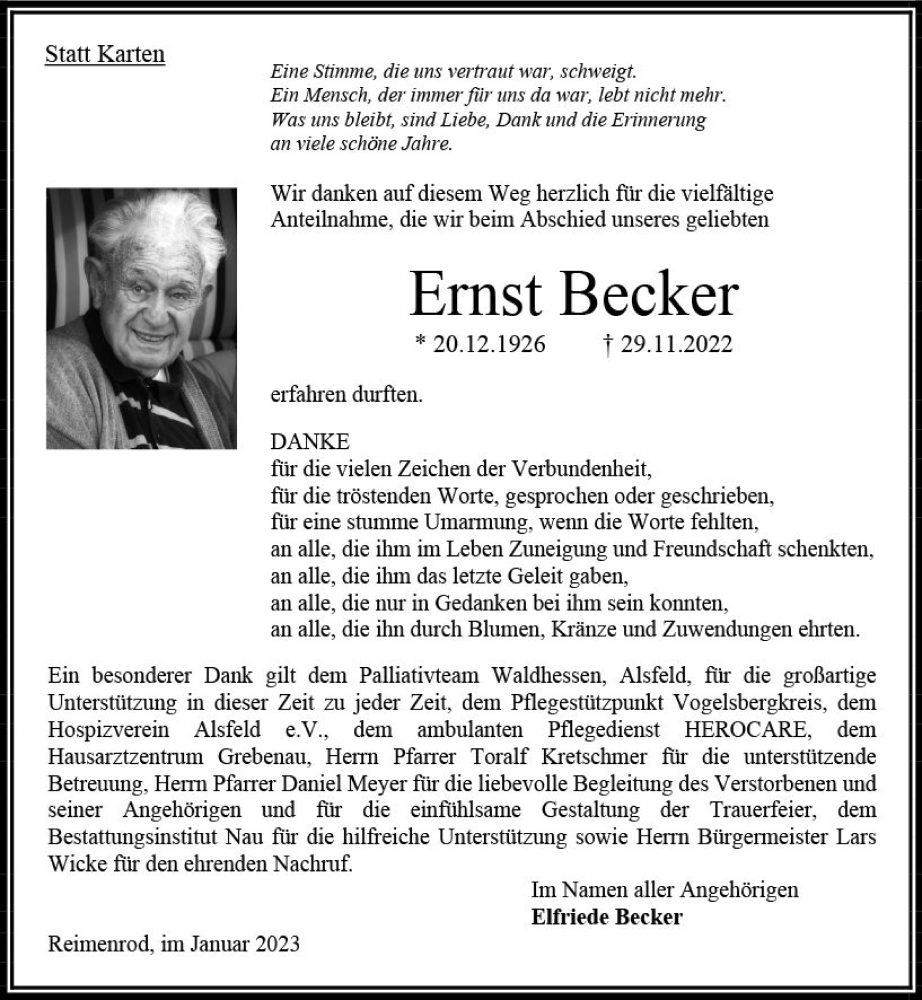  Traueranzeige für Ernst Becker vom 14.01.2023 aus OK Oberhessen Kurier