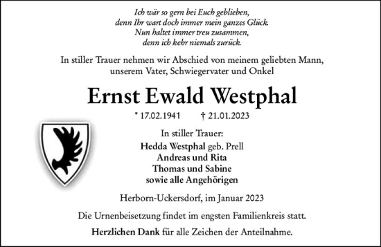 Traueranzeige von Ernst Ewald Westphal von Dill Block