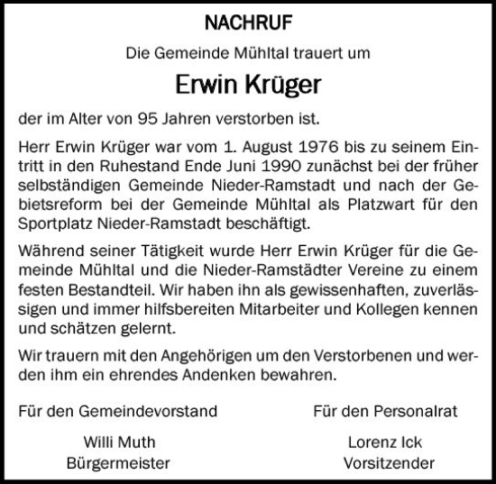 Traueranzeige von Erwin Krüger von Darmstädter Echo