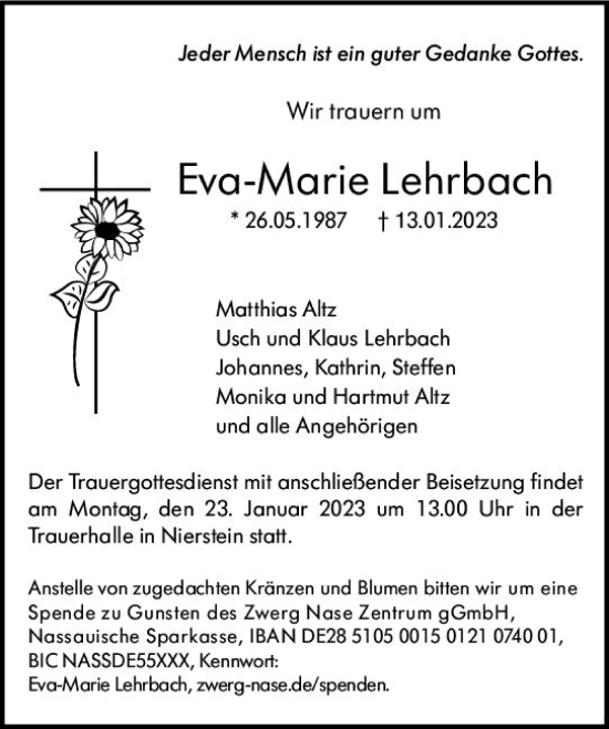 Traueranzeige von Eva-Marie Lehrbach von Allgemeine Zeitung Mainz