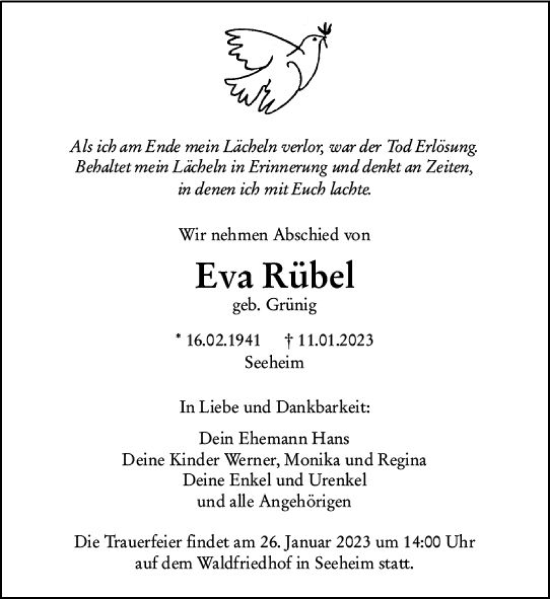 Traueranzeige von Eva Rübel von Darmstädter Echo