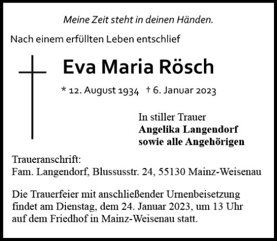Traueranzeige von Eva Maria Rösch von Allgemeine Zeitung Mainz