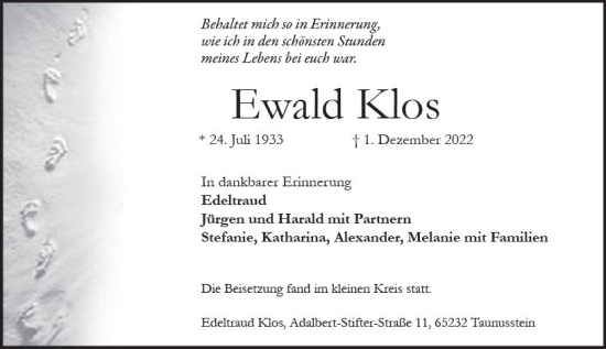 Traueranzeige von Ewald Klos von Wiesbadener Kurier gesamt
