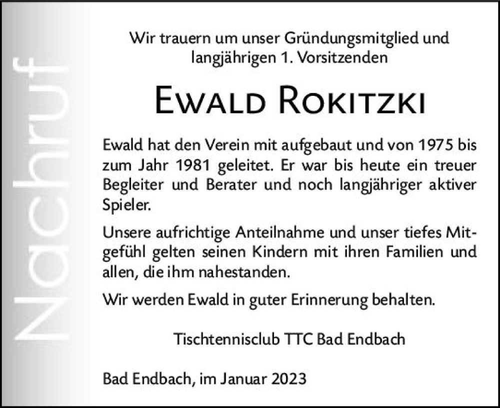  Traueranzeige für Ewald Rokitzki vom 26.01.2023 aus Hinterländer Anzeiger