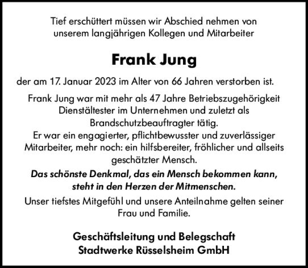  Traueranzeige für Frank Jung vom 21.01.2023 aus Rüsselsheimer Echo