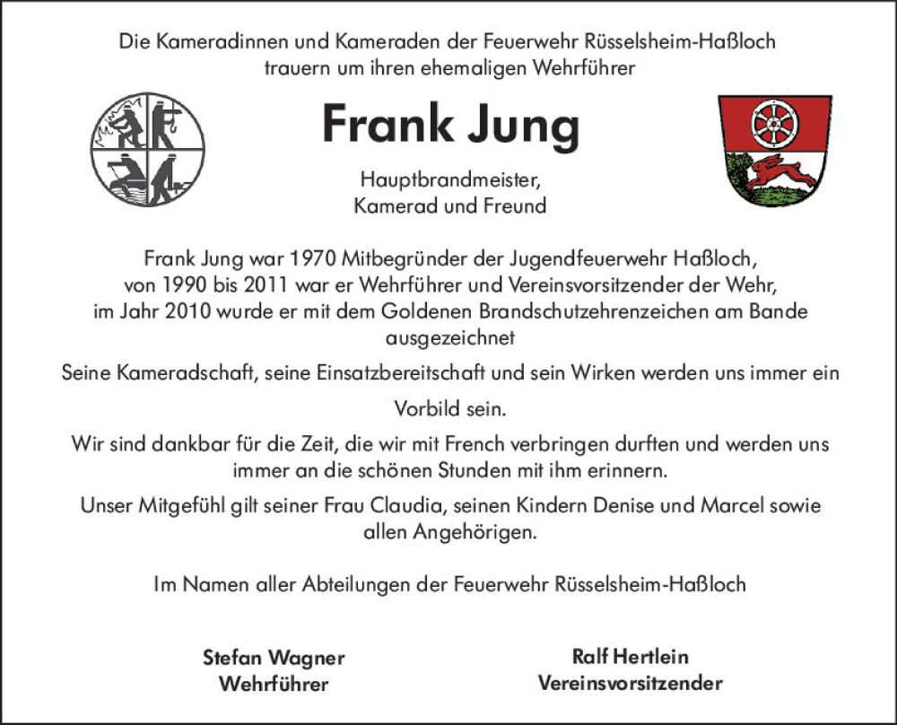  Traueranzeige für Frank Jung vom 25.01.2023 aus Rüsselsheimer Echo
