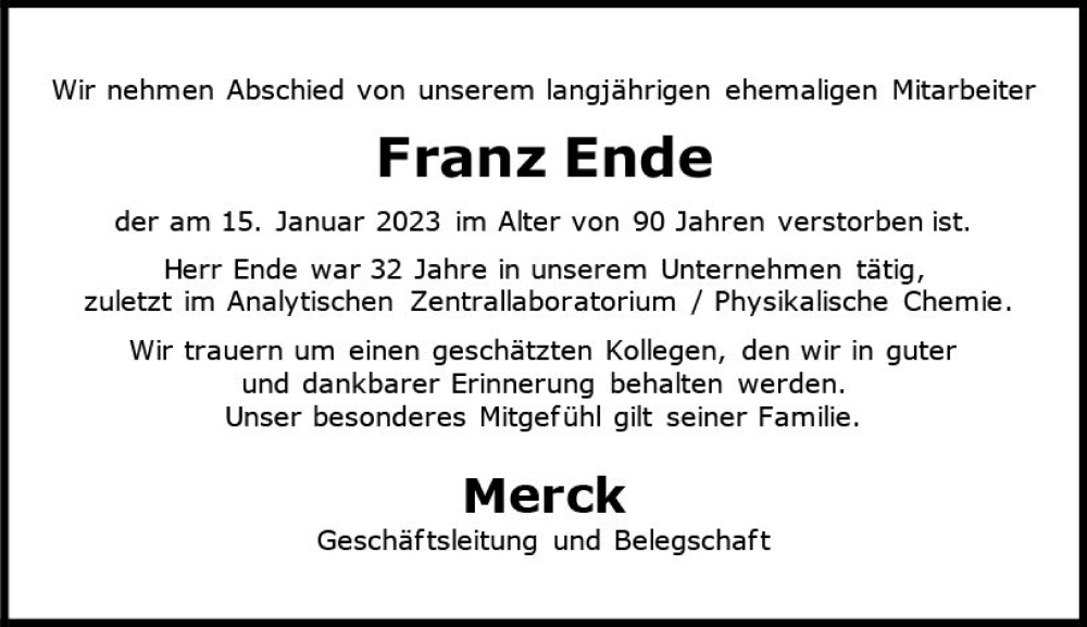  Traueranzeige für Franz Ende vom 26.01.2023 aus Darmstädter Echo