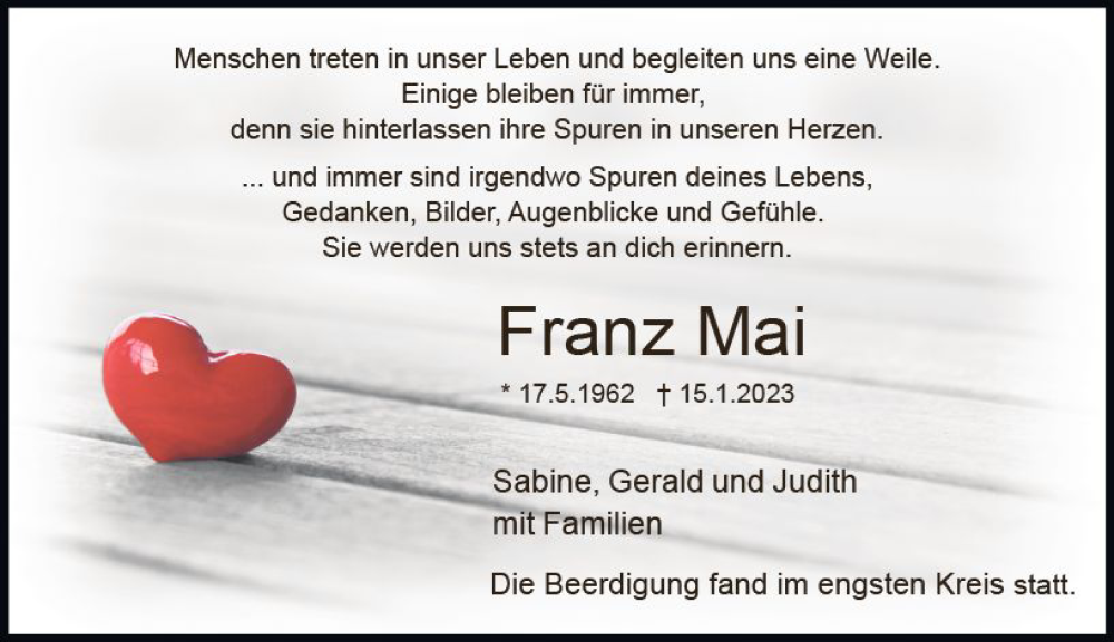  Traueranzeige für Franz Mai vom 28.01.2023 aus DieburgerAnzeiger/Groß-Zimmerner Lokalanzeiger
