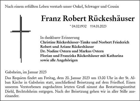 Traueranzeige von Franz Robert Rückeshäuser von Allgemeine Zeitung Alzey