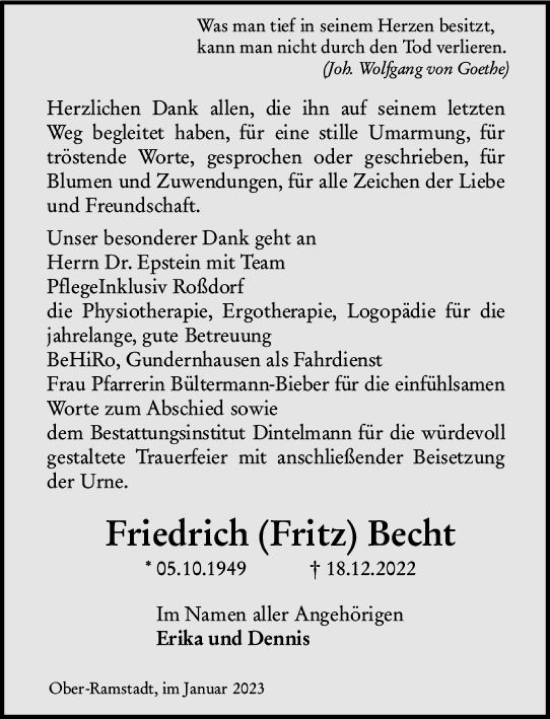 Traueranzeige von Friedrich  Becht von Darmstädter Echo